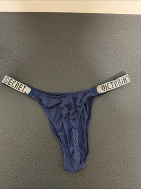 Victoria's Secret Navy Blue Rhinestone Logo Thong